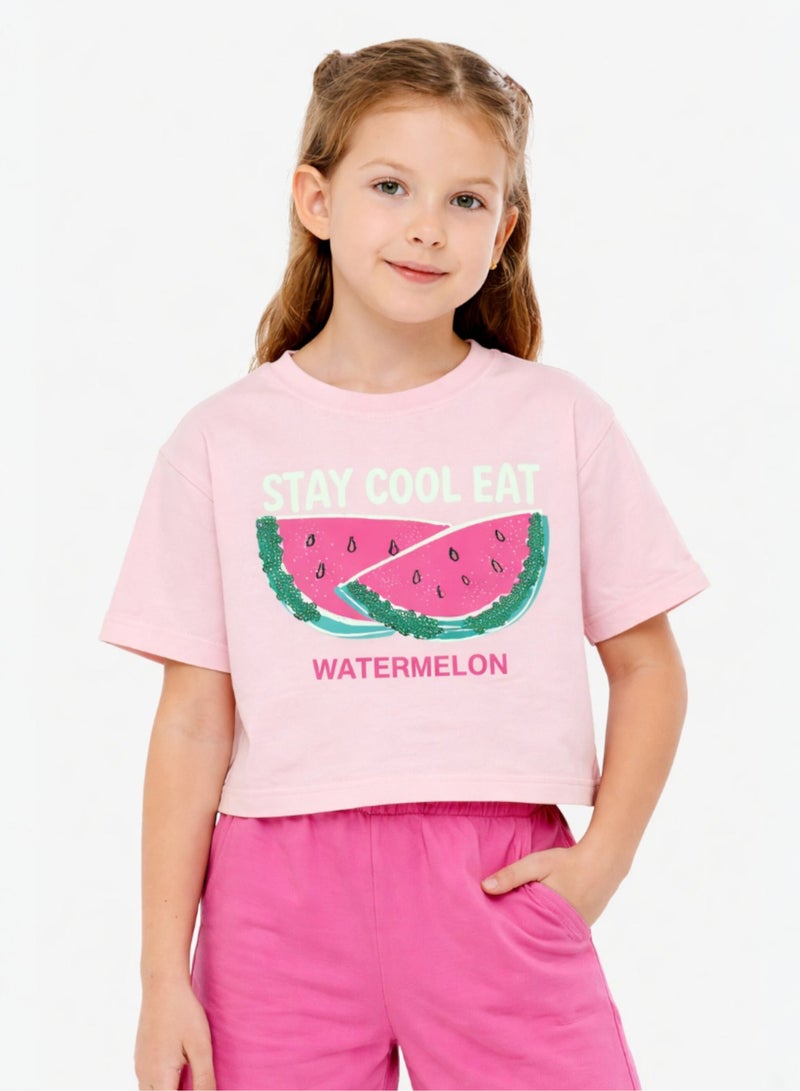 victor and jane Girls 2 Pc Set Watermelon Print T-Shirt & Shorts Set – Light Pink & Pink - Image 3